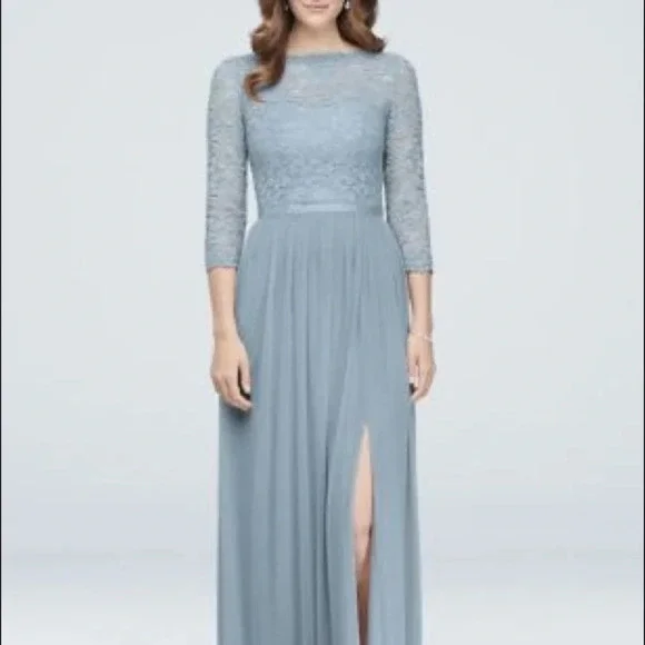 3/4-Sleeve Illusion Lace and Mesh Bridesmaid Dress